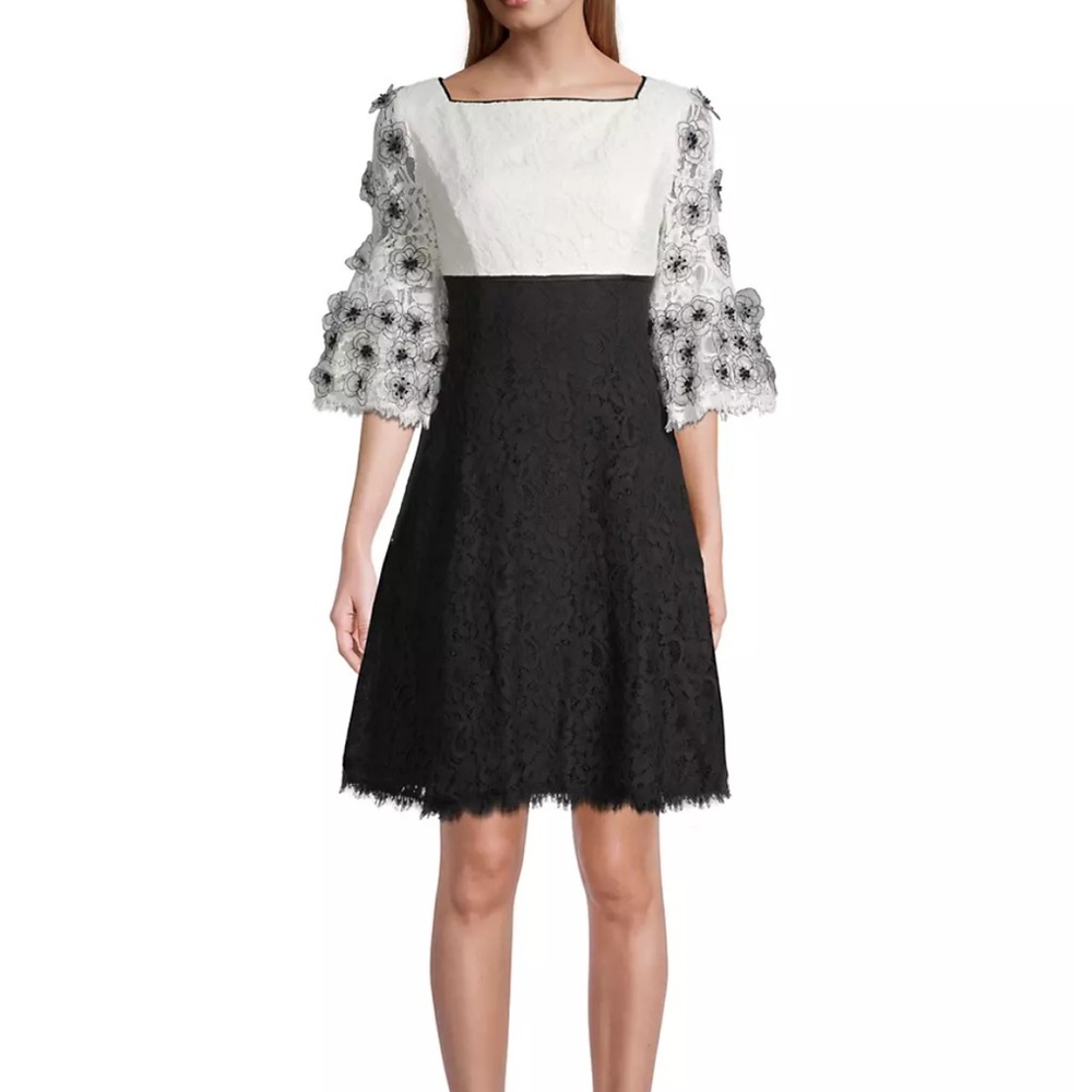 Shani size 14 cream and black lace dress fit flare with organza flowered sleeves
